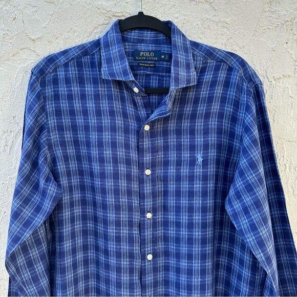 POLO RALPH LAUREN Shirt Men Medium Ocean Wash Linen Blue Plaid Check Logo - Picture 1 of 9